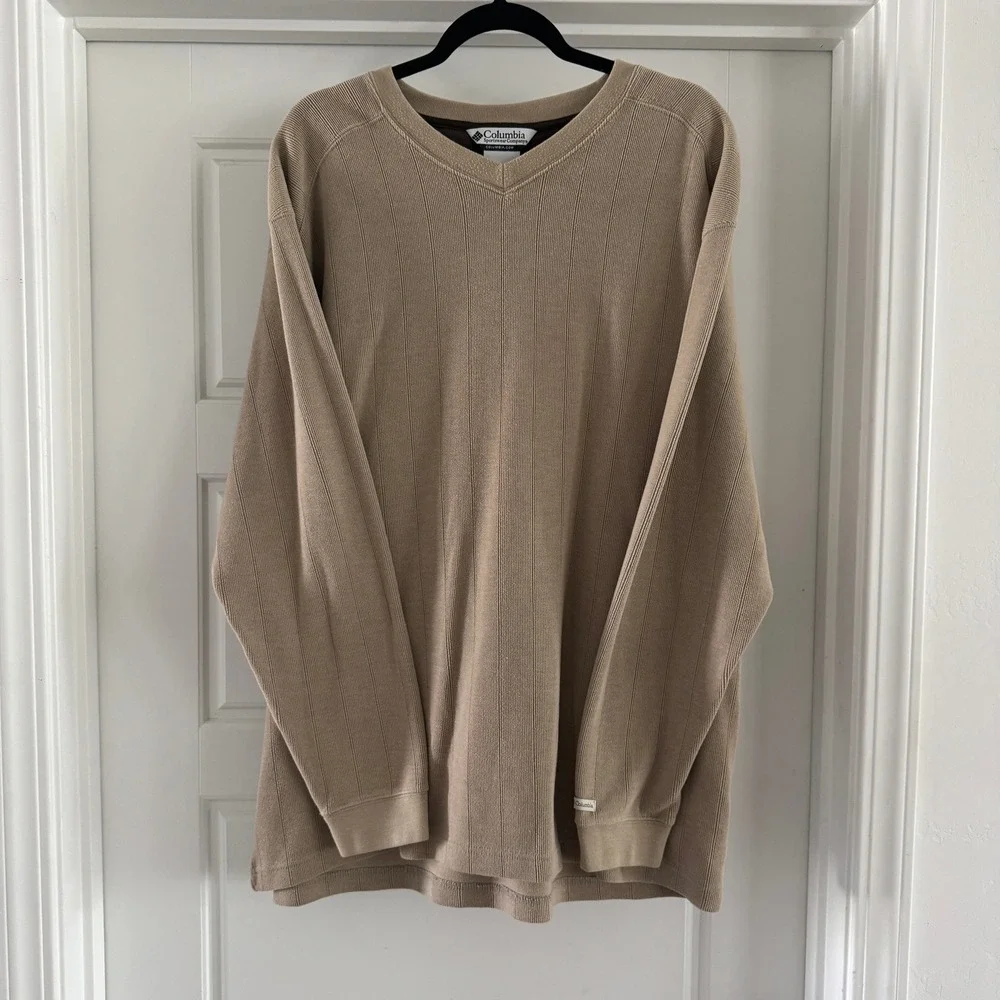 Columbia Pullover Sweater Mens XXL Tan Ribbed V-Neck Long Sleeve Earth Tones